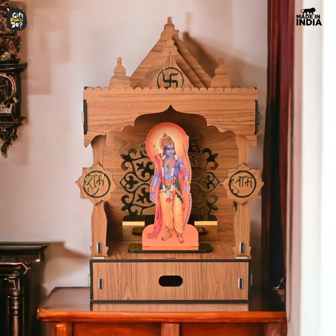 Gift Kya De Wooden Temple For Home & Office | Premium 3D Golden Cutwork Design | Mandir With Storage Drawer (DIY)