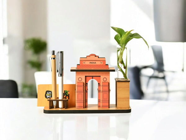 India Gate Wooden Desk Organizer with Test Tube Planter, Pen Stand & Visiting Card Holder | Table Top Patriotic Souvenir | Independence Day Gift