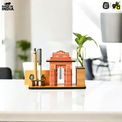 India Gate Wooden Desk Organizer with Test Tube Planter, Pen Stand & Visiting Card Holder | Table Top Patriotic Souvenir | Independence Day Gift