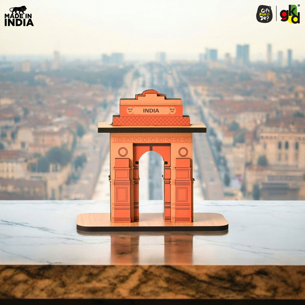 India Gate Wooden Desk Organizer with Test Tube Planter, Pen Stand & Visiting Card Holder | Table Top Patriotic Souvenir | Independence Day Gift