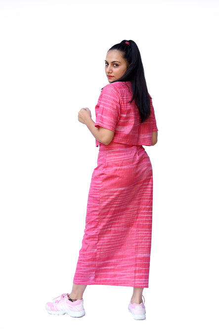 Agati Design Jiva Yarn Woven Top & Skirt Set | Khadi Cotton | Pink, M-XL