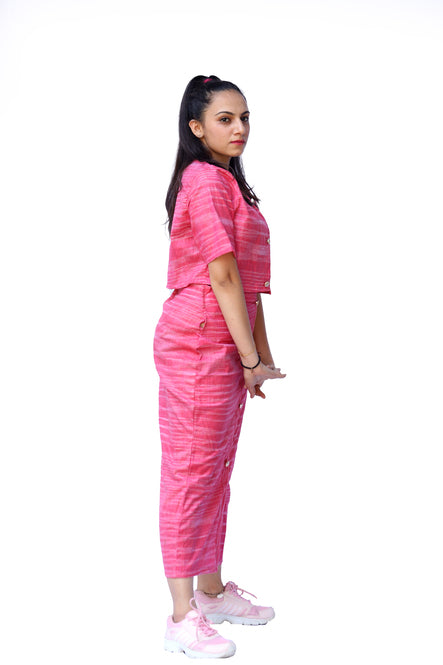 Agati Design Jiva Yarn Woven Top & Skirt Set | Khadi Cotton | Pink, M-XL