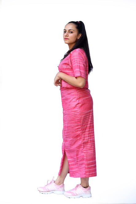 Agati Design Jiva Yarn Woven Top & Skirt Set | Khadi Cotton | Pink, M-XL
