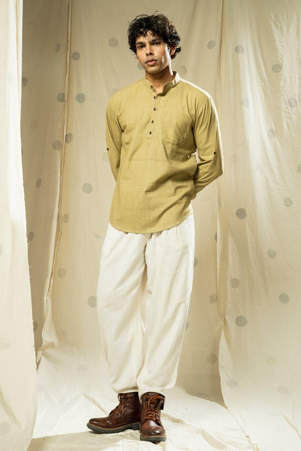 Handwoven Heritage- Green Essential Men's Kurta with Mandarin Collar