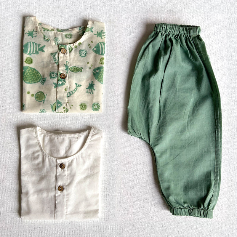 Whitewater Kids Unisex Organic Koi Bag - Koi Mint And White Kurta + Mint Pants