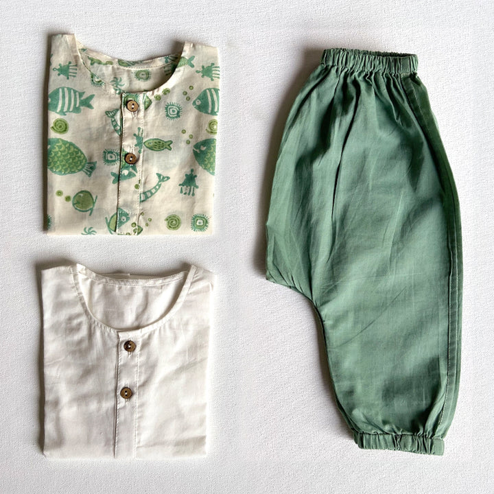 Whitewater Kids Unisex Organic Koi Bag - Koi Mint And White Kurta + Mint Pants