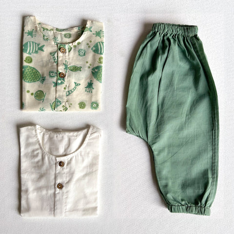 Whitewater Kids Unisex Organic Koi Bag - Koi Mint And White Kurta + Mint Pants