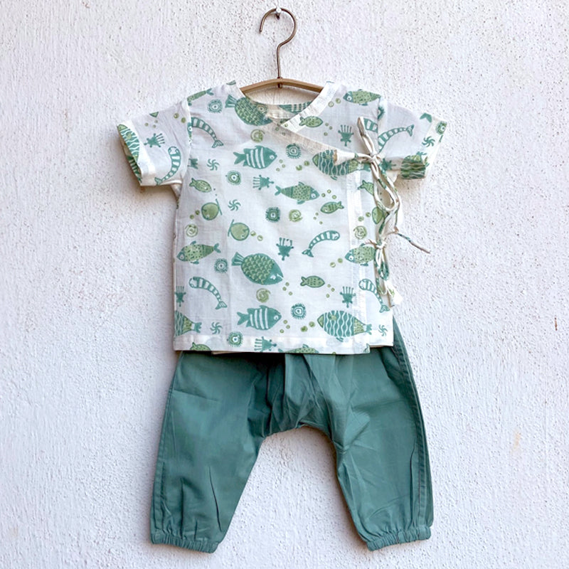 Whitewater Kids Unisex Organic Fish Print Angarakha Top + Mint Pants