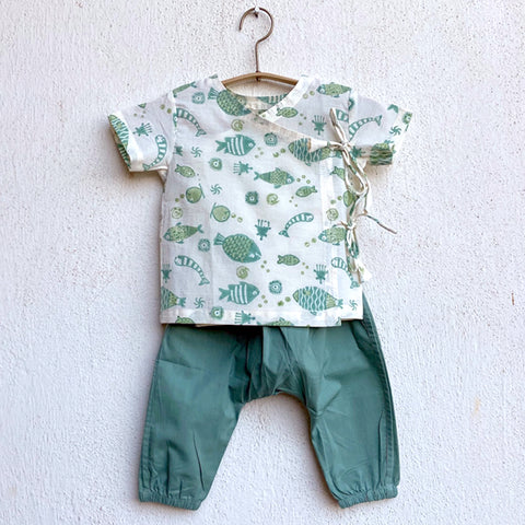 Whitewater Kids Unisex Organic Fish Print Angarakha Top + Mint Pants