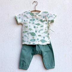 Whitewater Kids Unisex Organic Fish Print Angarakha Top + Mint Pants