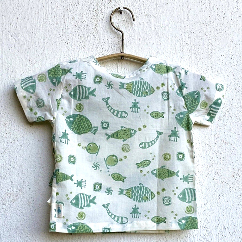 Whitewater Kids Unisex Organic Fish Print Angarakha Top + Mint Pants