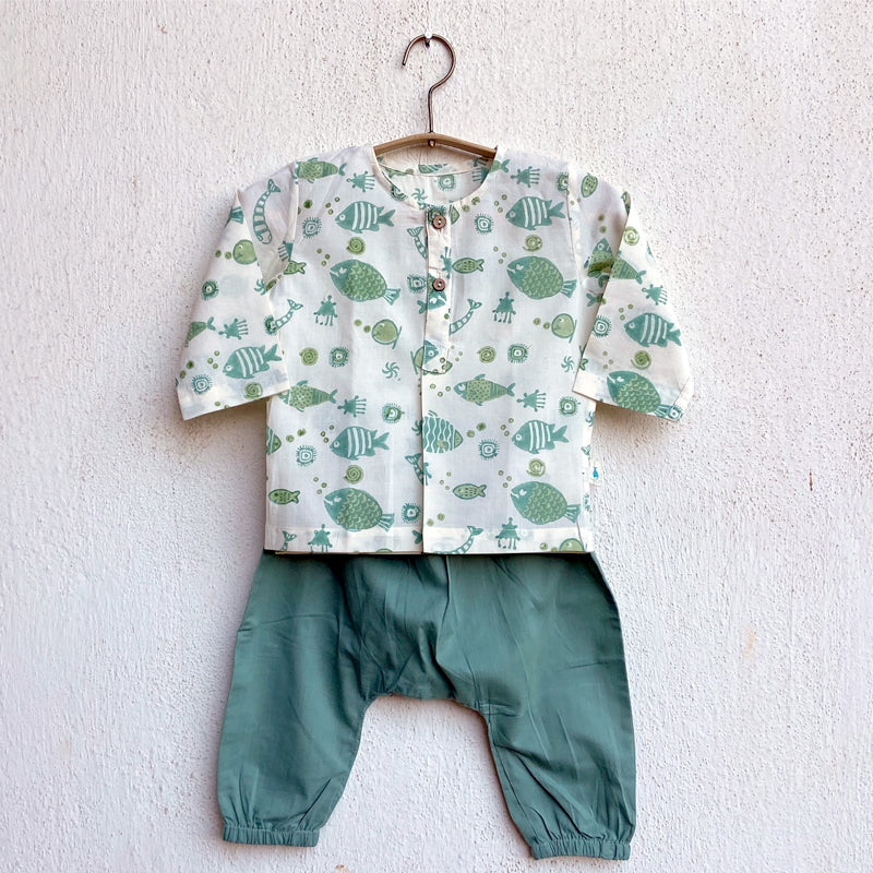 Whitewater Kids Unisex Organic Fish Print Kurta + Mint Pants