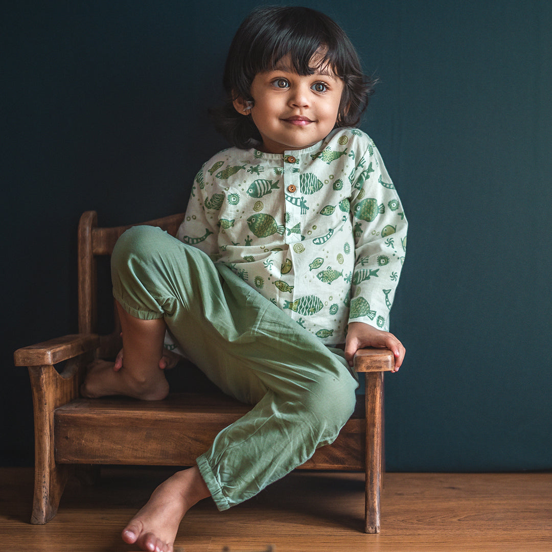 Whitewater Kids Unisex Organic Fish Print Kurta + Mint Pants
