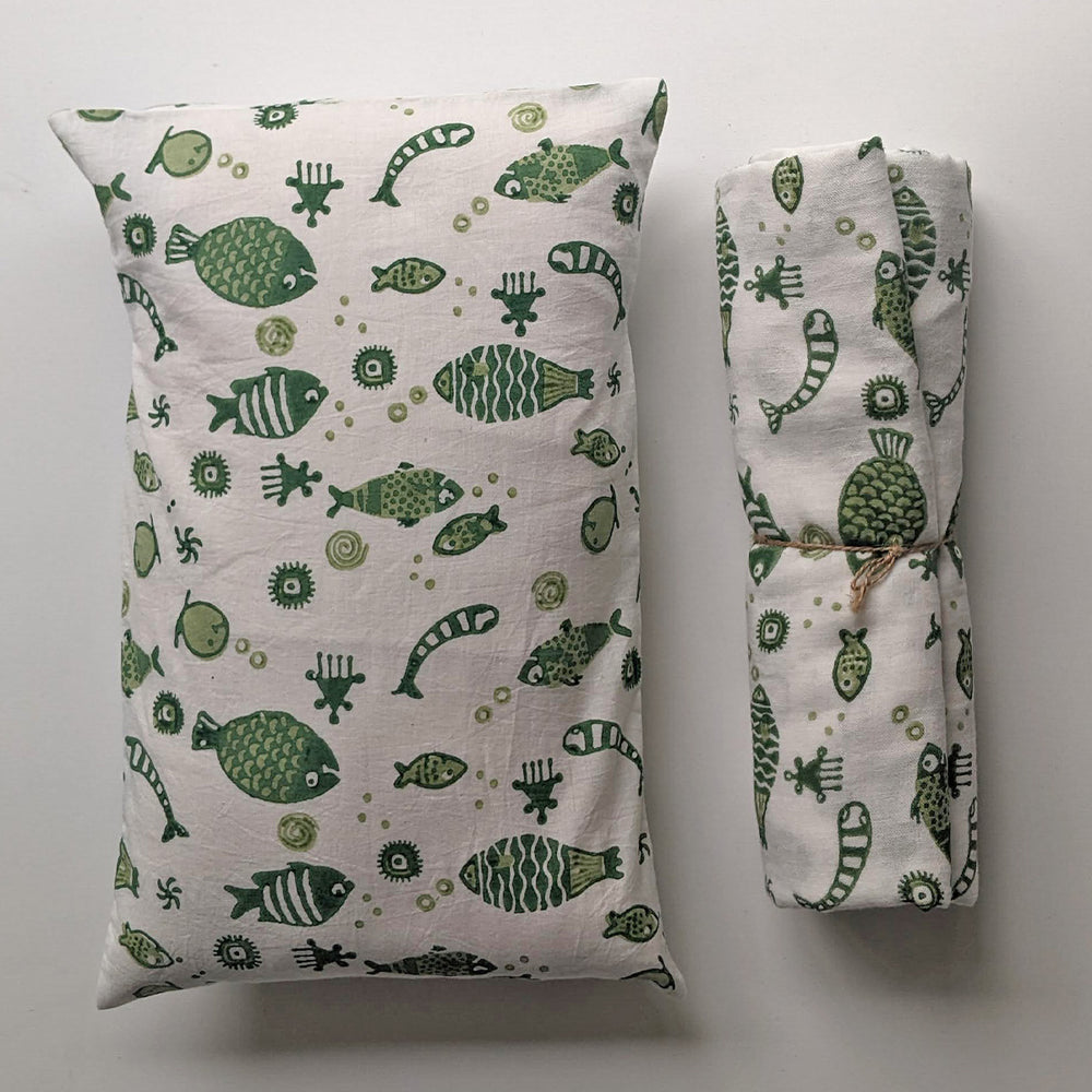 Whitewater Kids Gift Set - Organic Fish Print Kapok Pillow +  Swaddle