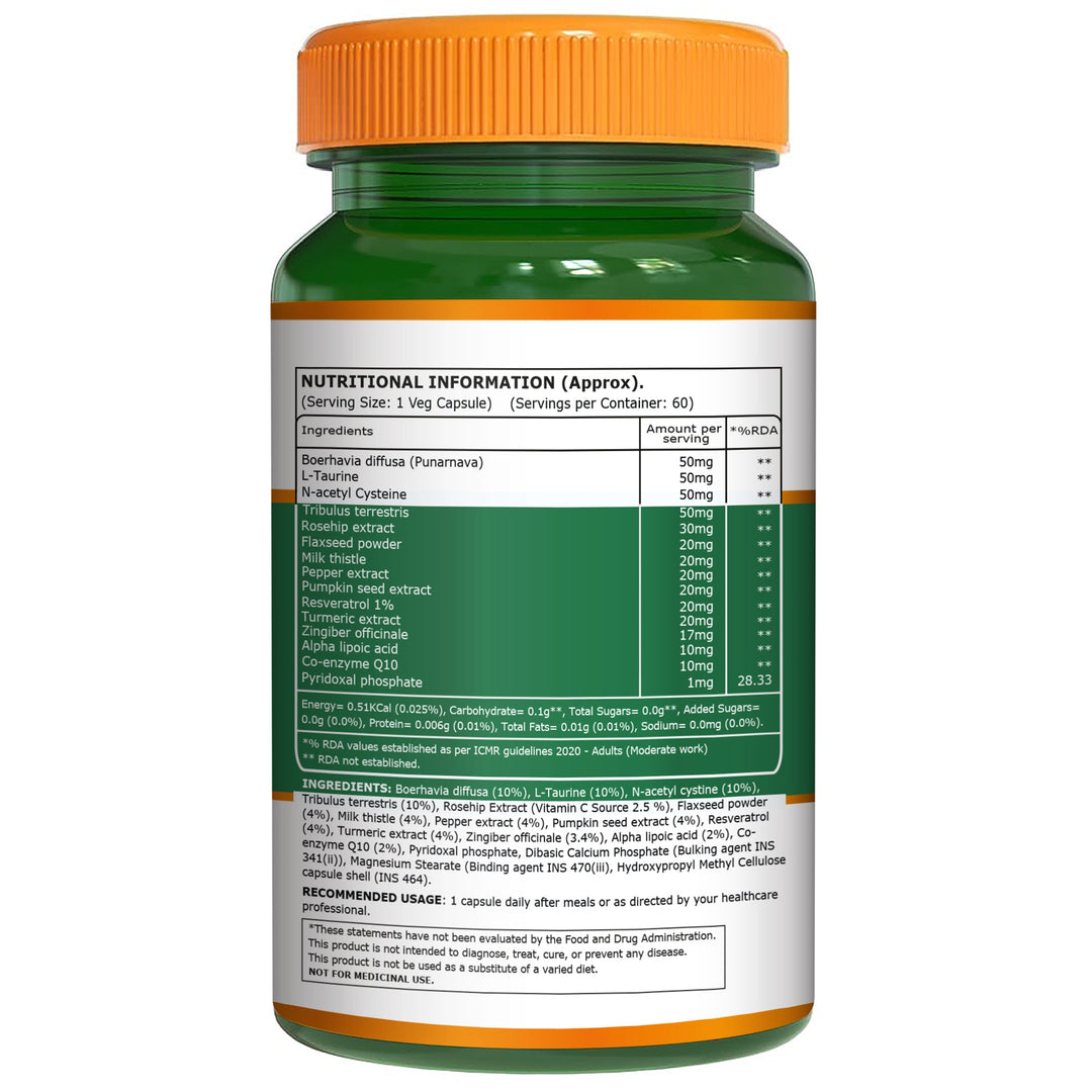 Kidney Wellness Support | Turmeric & Punarnava | 500mg | 60 Capsules