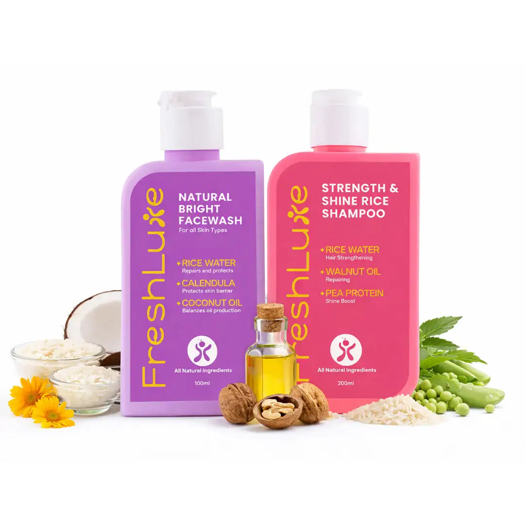 FreshLuxe Korean Skin Care Routine | AYUSH-Approved | Combo with Rice Water Shampoo and Facewash | Glass Skin & Shiny Hair.