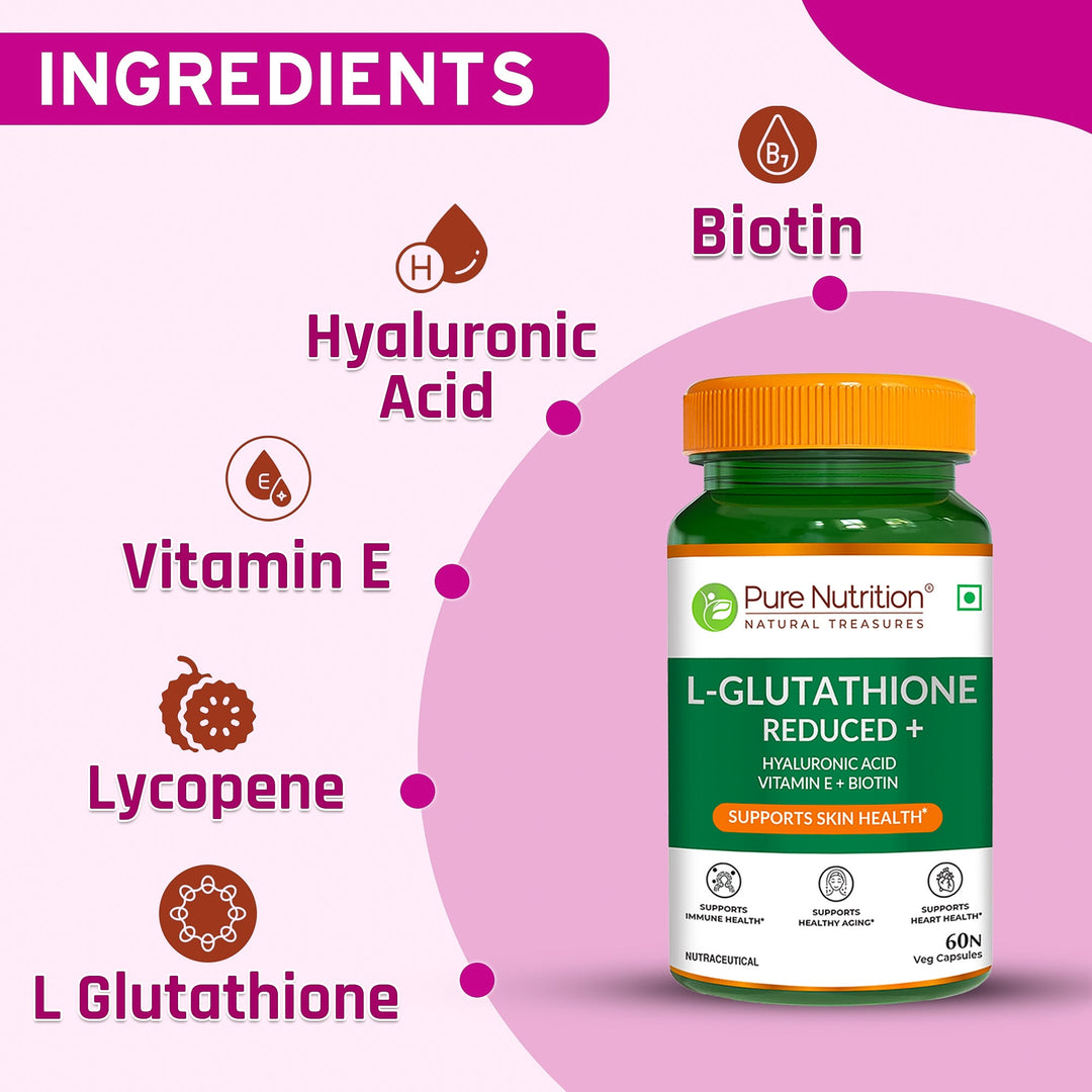 L-Glutathione Reduced+ | With Hyaluronic Acid, Vitamin E & Biotin | 60 Veg Capsules