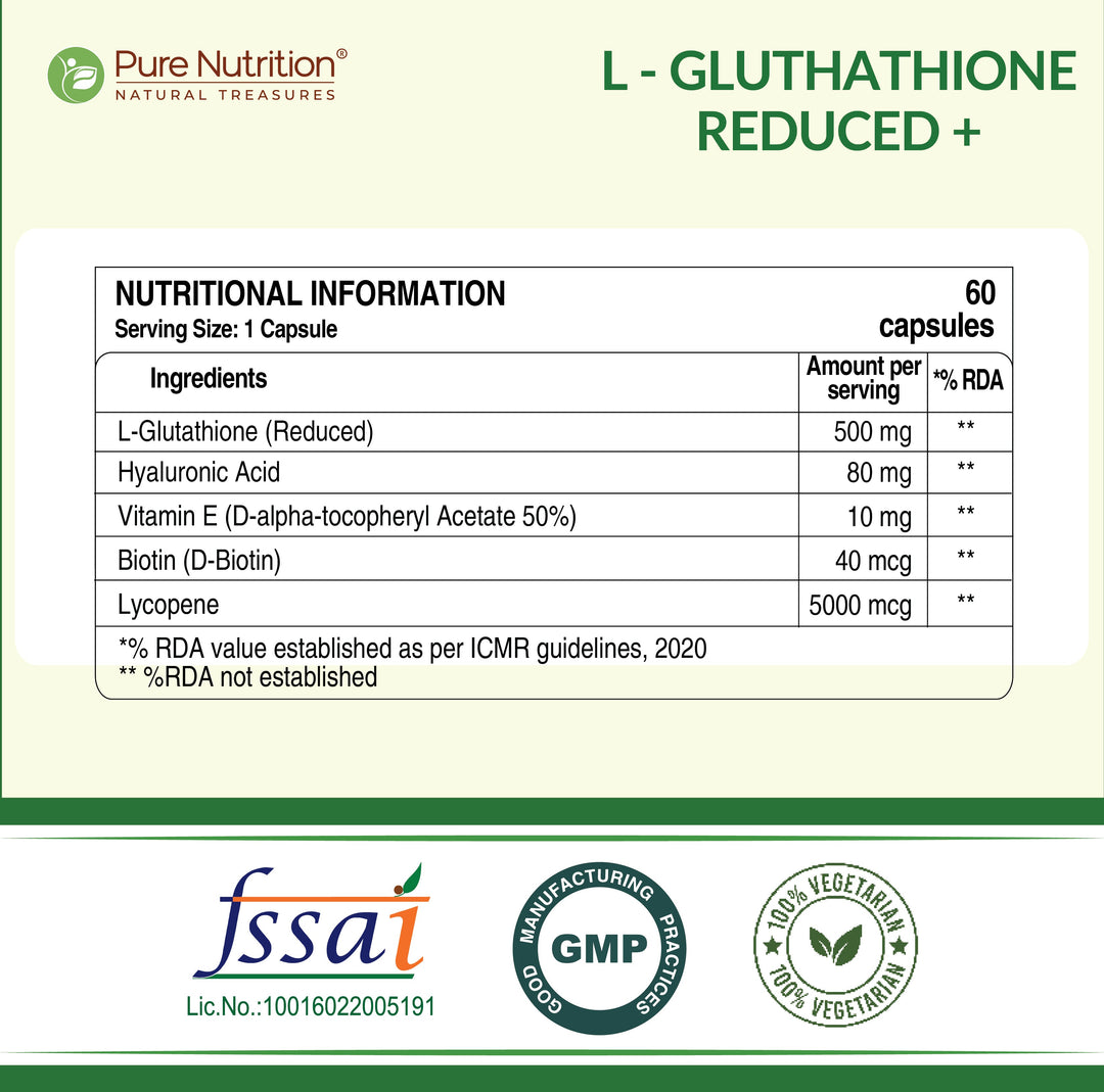 L-Glutathione Reduced+ | With Hyaluronic Acid, Vitamin E & Biotin | 60 Veg Capsules