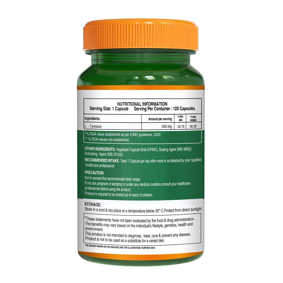 L-Tyrosine 500mg | Amino Acid Supplement for Focus, Mood & Stress Support | 120 Tablets