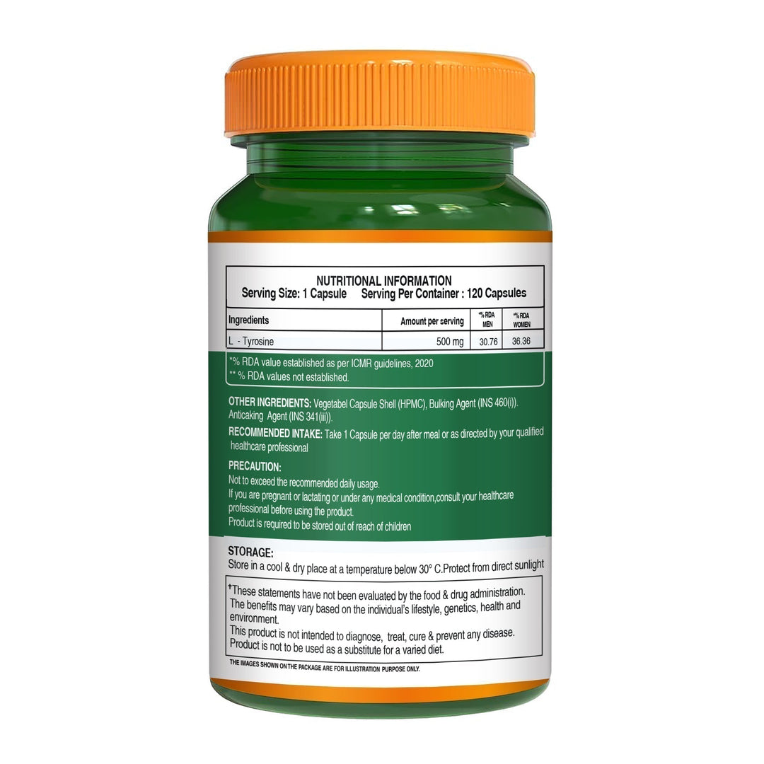 L-Tyrosine 500mg | Amino Acid Supplement for Focus, Mood & Stress Support | 120 Tablets