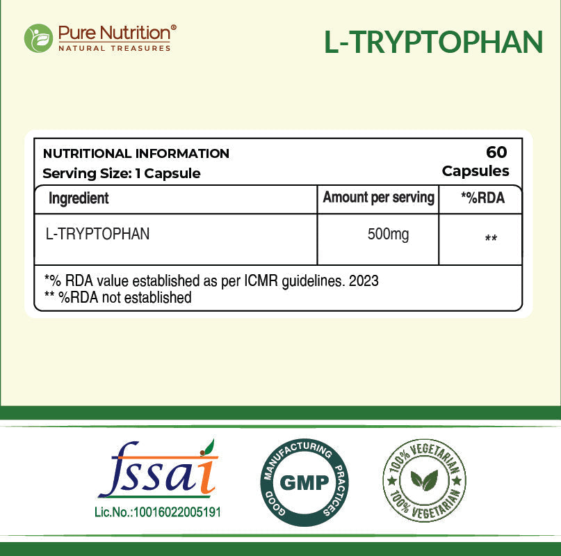 L-Tryptophan 500mg Veg Capsules  Mood Balance, Sleep & Wellness