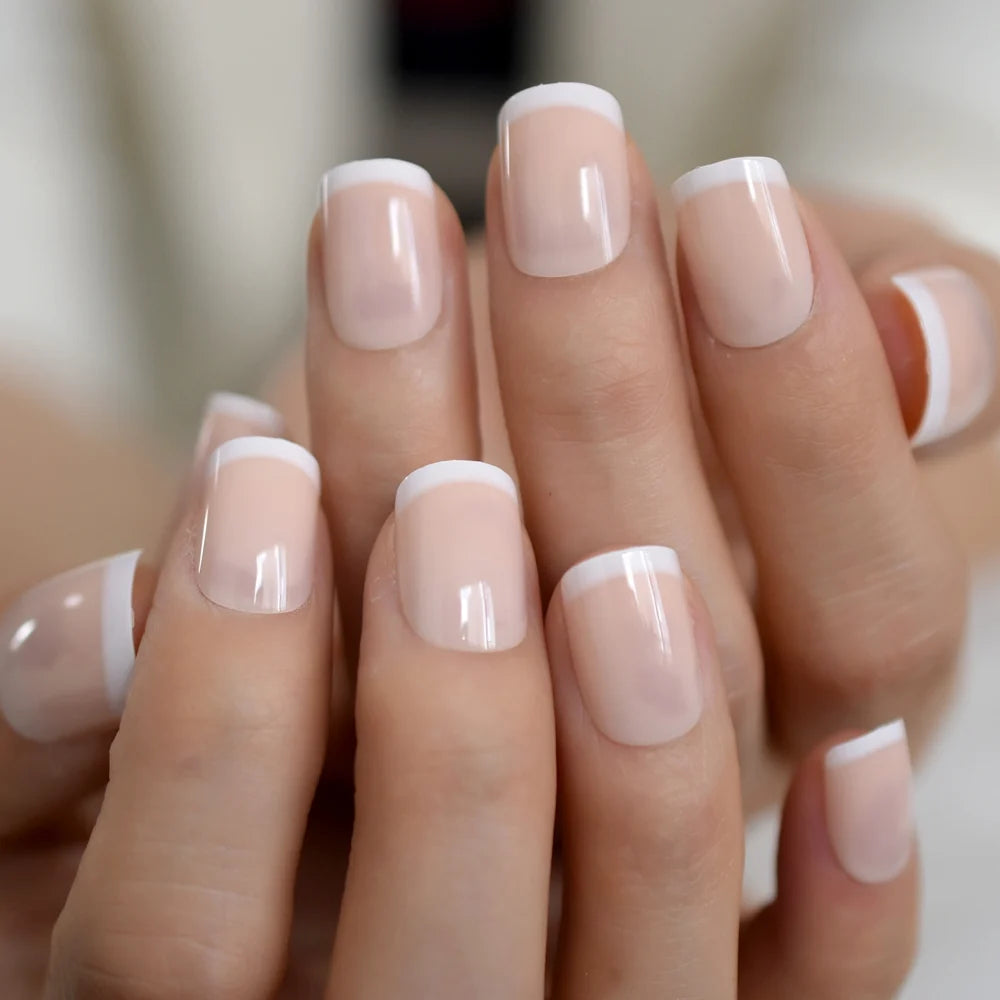 Gush Beauty Square Nude, French Tip with Nail Glue + Nail Glue Sticker | Short, Square Press-On Nails