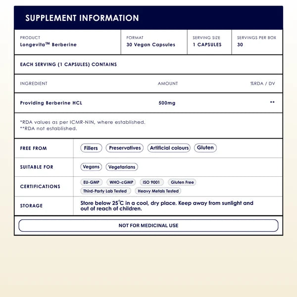 Longevita Berberine HCl – 500 mg Metabolic Health Support
