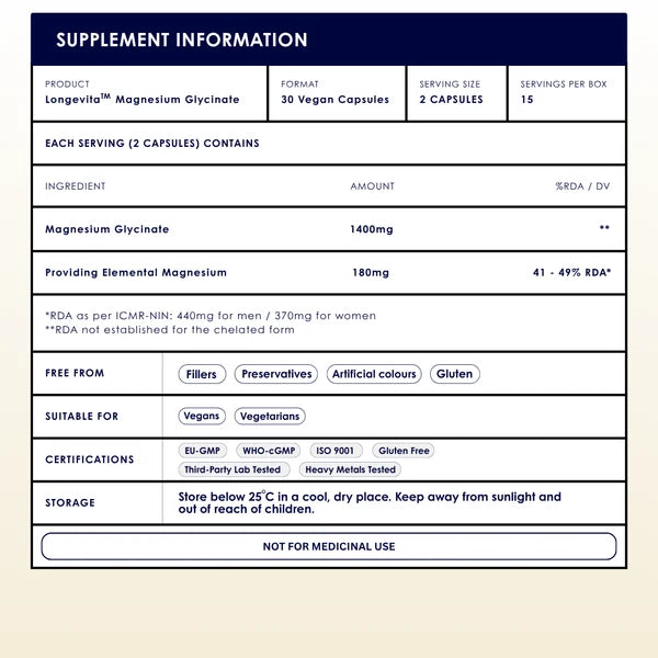 Longevita Magnesium Bisglycinate – 180 mg Elemental Magnesium