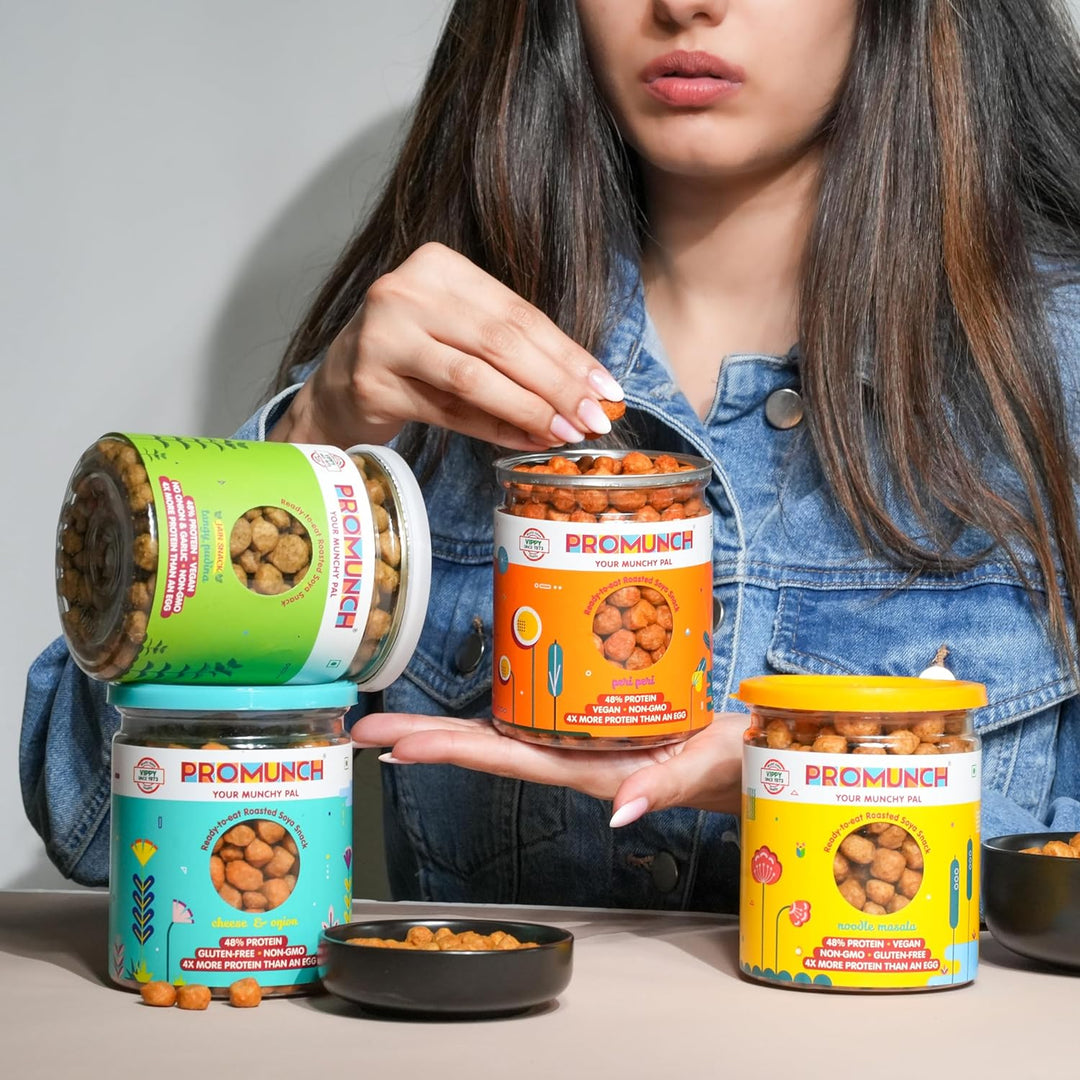 Noodle Masala Flavoured Protein Chunks - Nutritious, Delicious Snack	Soya Peri Peri - High Protein, No Preservatives, Oil-Free	Flavoured Tangy Pudina Soya Chunks - Delicious and Healthy Snack Soya Cheese & Onion - High Protein, Guilt-Free Snack for Fitness