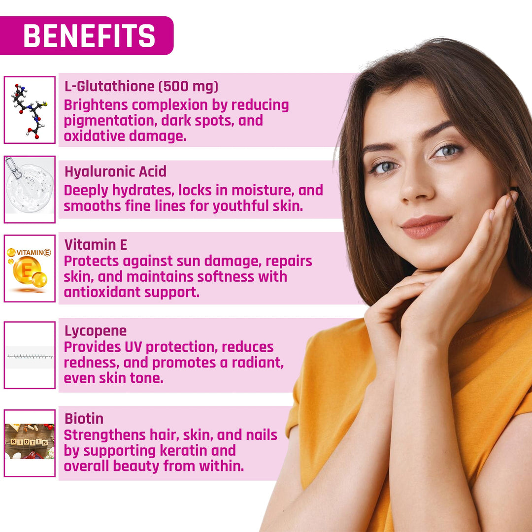 L-Glutathione Reduced+ | With Hyaluronic Acid, Vitamin E & Biotin | 60 Veg Capsules