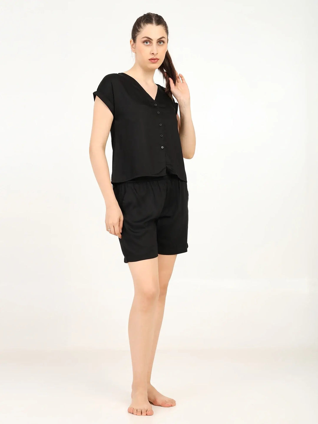 Women’s Modal Satin Night Suit – 2PC Soft Shirt & Shorts Sleepwear