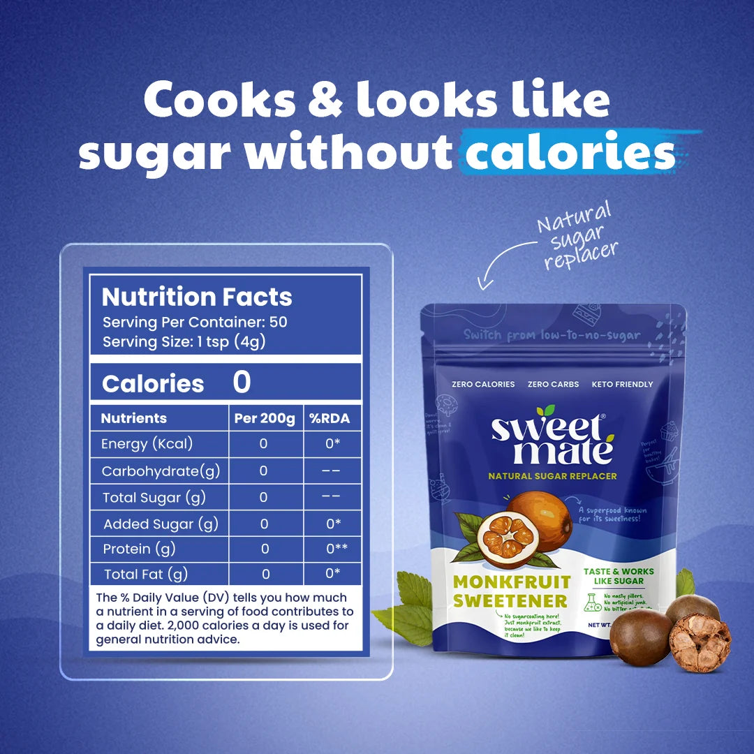 Sweetmate Monk Fruit Powder 200gm Zero Calorie | No Artificial Fillers | Diabetic Friendly