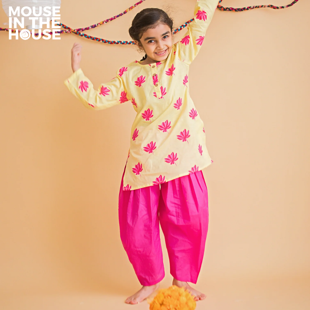 Mouse In The House Lotus Bloom (Yellow)- Girls Ethnic Wear