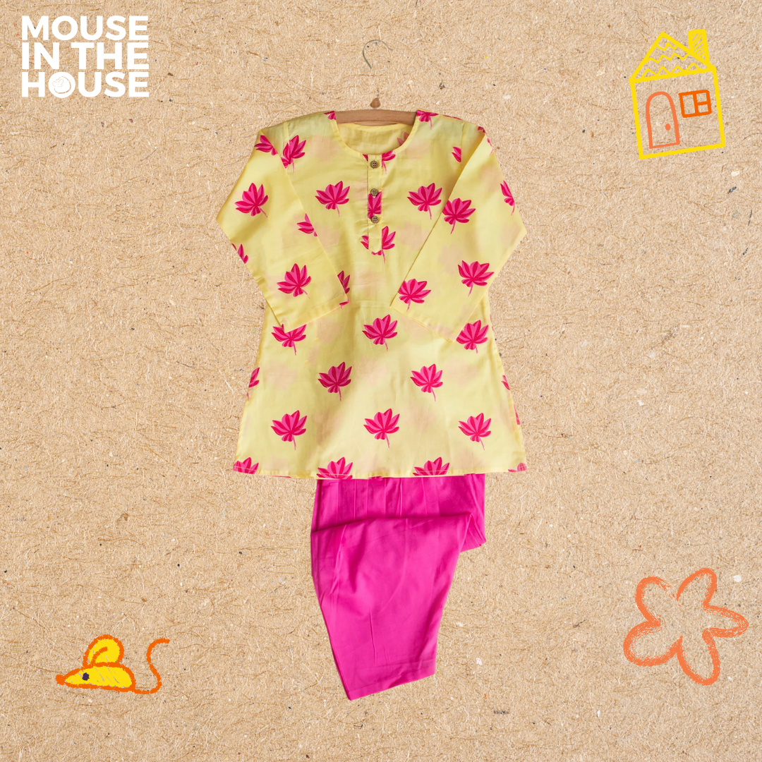 Mouse In The House Lotus Bloom (Yellow)- Girls Ethnic Wear