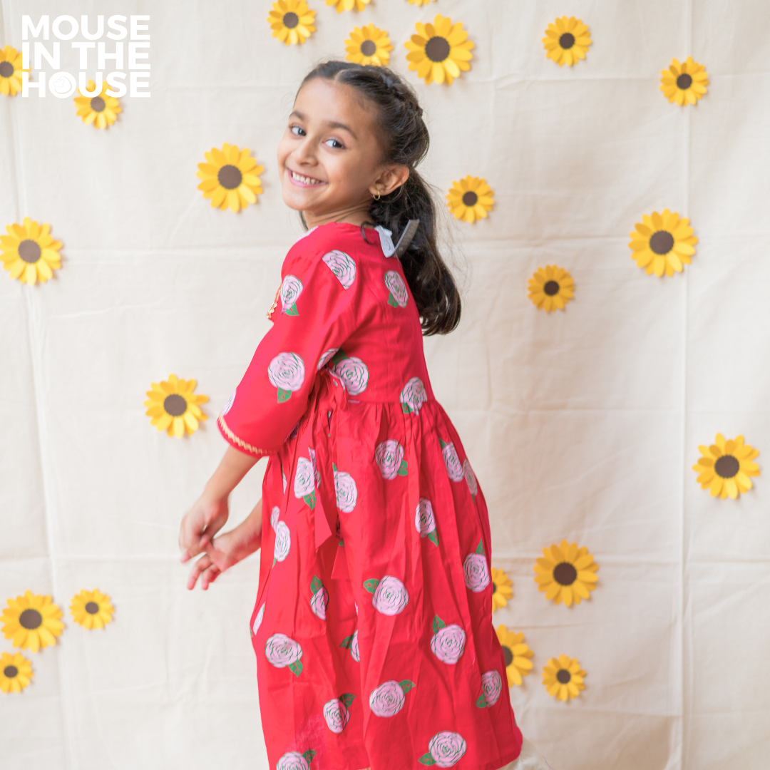 Mouse In The House Blooming Red- Ethnic Wear Girls