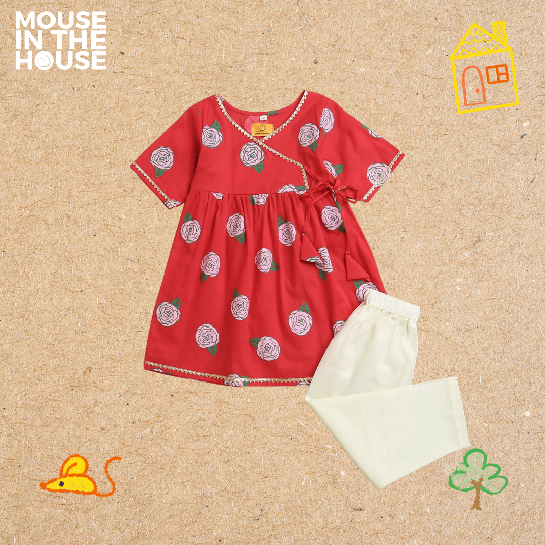 Mouse In The House Blooming Red- Ethnic Wear Girls