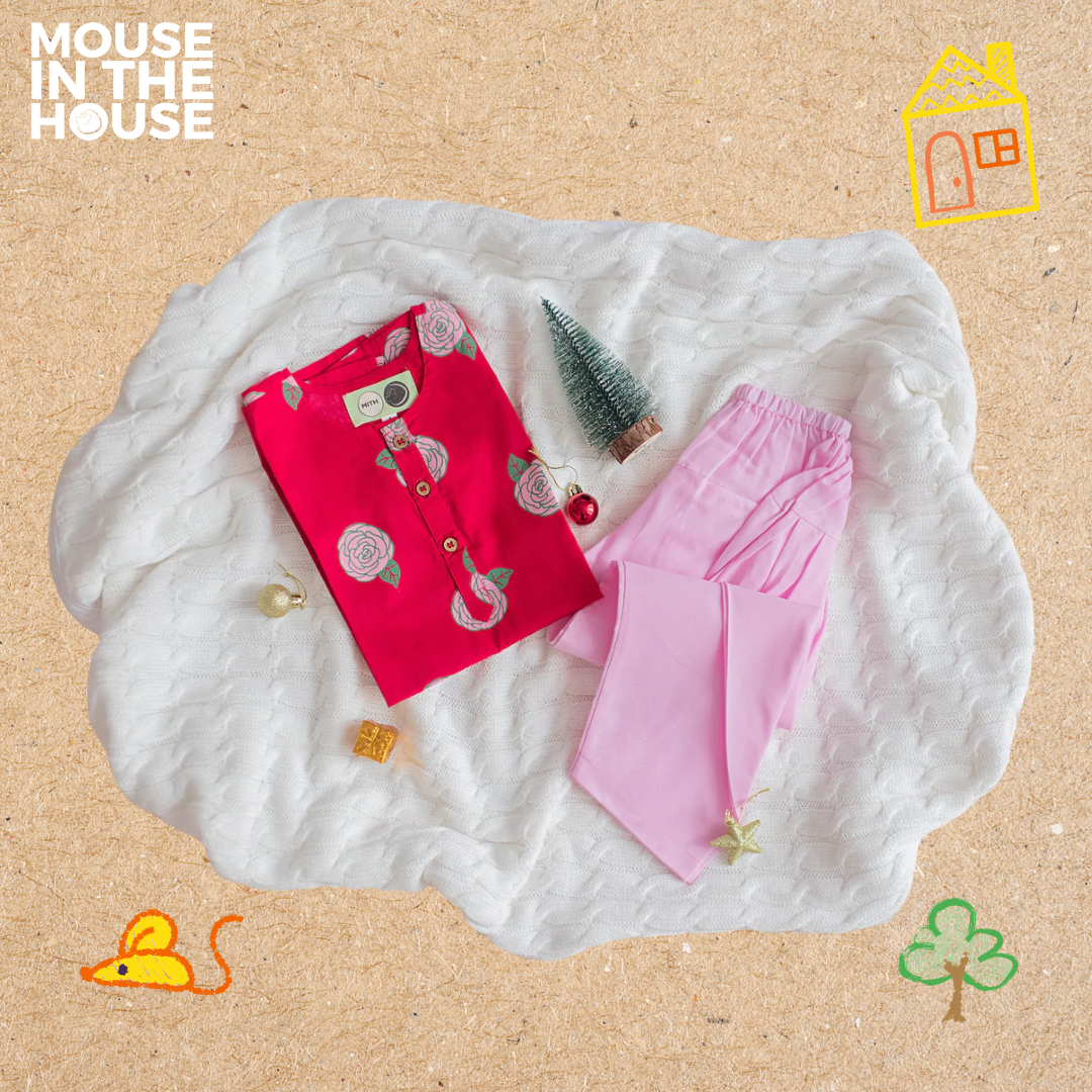 Mouse In The House Blooming Red- Ethnic Wear Girls