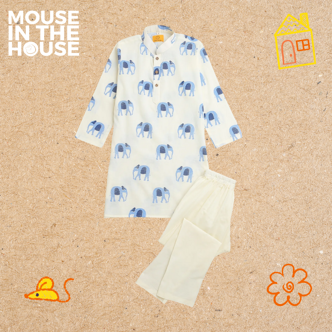 Mouse In The House Rupa The Elephant (White)- Ethnic Wear Boys