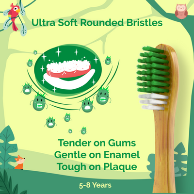 Eco-Friendly Bamboo Toothbrush for Kids (5-8 Years) | Soft Bristles, Hefty Handle, Forest Green (Pack of 2)