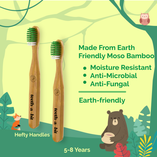 Eco-Friendly Bamboo Toothbrush for Kids (5-8 Years) | Soft Bristles, Hefty Handle, Forest Green (Pack of 2)