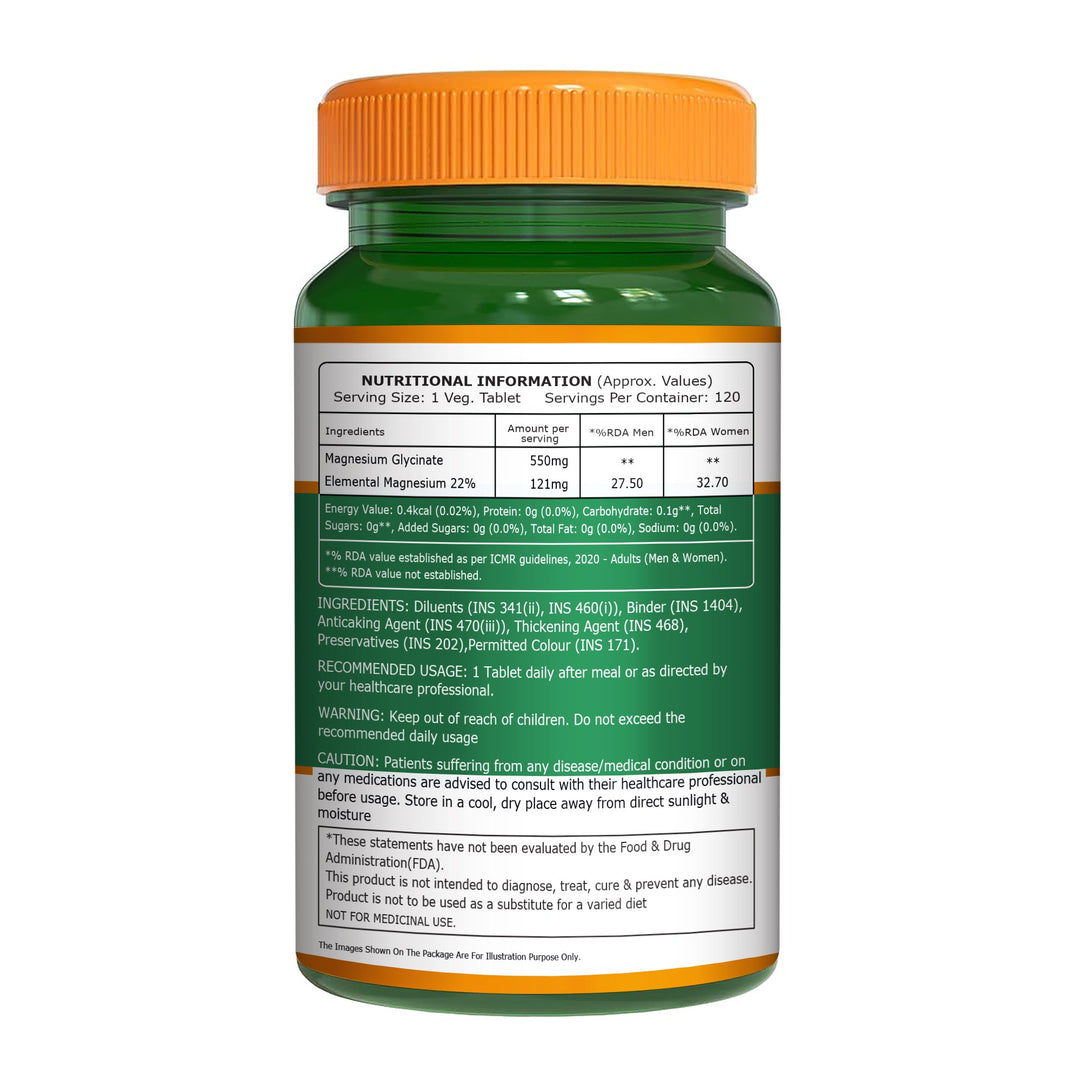 Magnesium Glycinate 550mg – High Absorption | Sleep, Stress & Muscle Health | 60Tablets| 120 Tablets