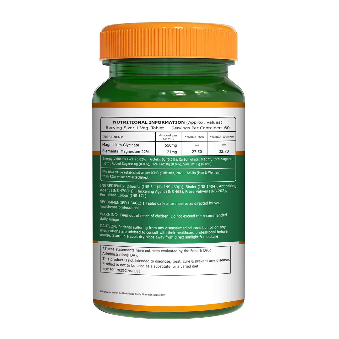 Magnesium Glycinate 550mg – High Absorption | Sleep, Stress & Muscle Health | 60Tablets| 120 Tablets