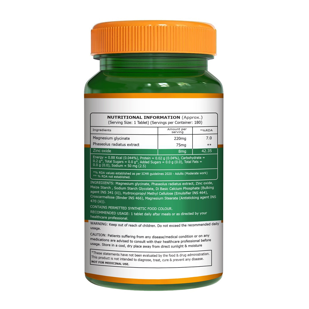 Magnesium Glycinate with Zinc | 350 mg Blend | 180 Tablets | Magnesium Glycinate, Zinc & Phaseolus Radiatus Extract | Daily Muscle, Bone & Nerve Support