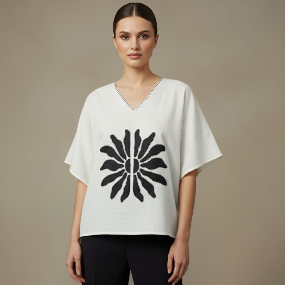 Mangalagiri Cotton Anti-Fit Top | Hand-Painted Black Floral