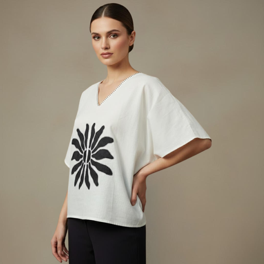 Mangalagiri Cotton Anti-Fit Top | Hand-Painted Black Floral