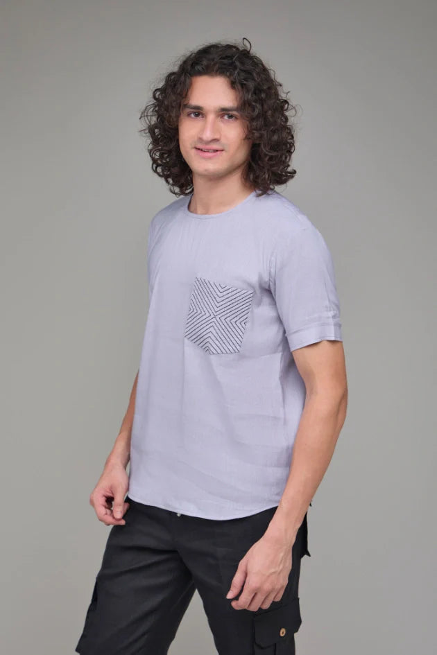 The Label GAIA Men' Hemp T-Kurta with Geometric Anchor Stitch Pocket