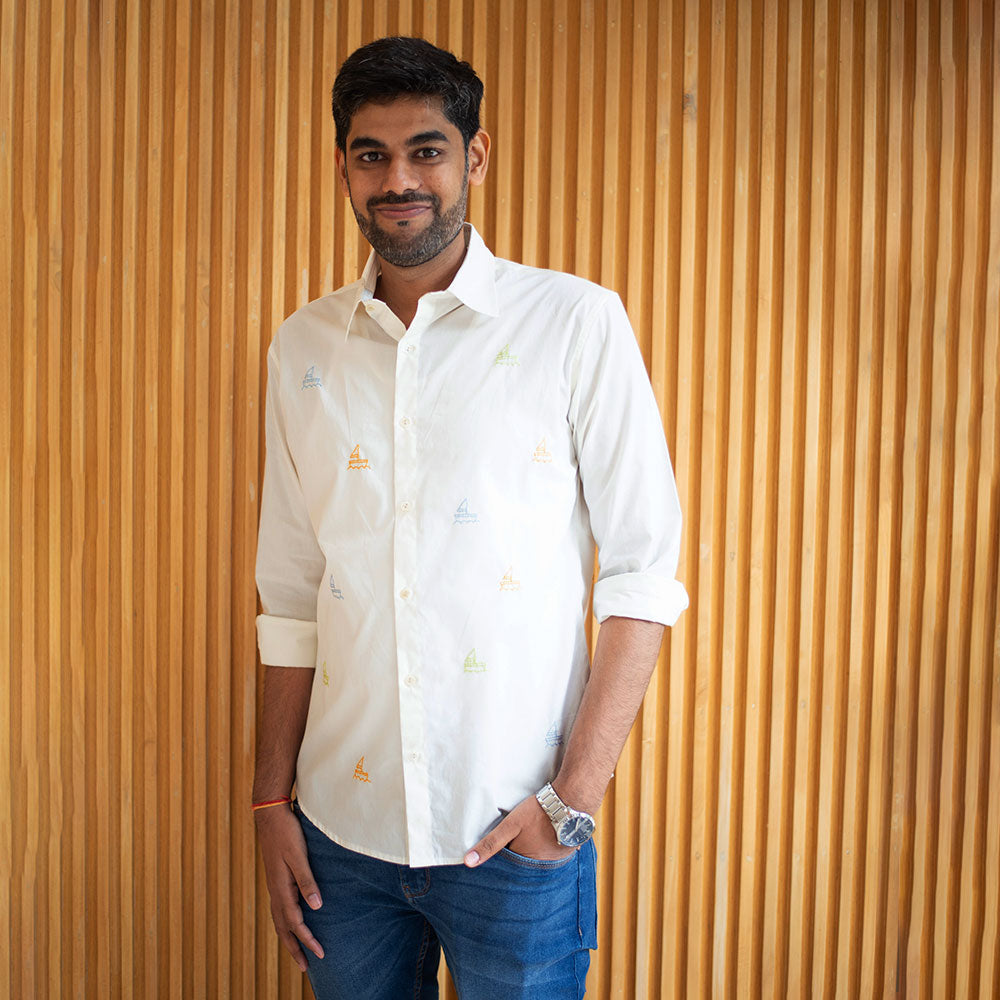 Mini Sail Boats Embroidered Men Shirt - White
