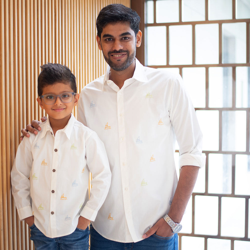 Mini Sail Boats Embroidered Men Shirt - White