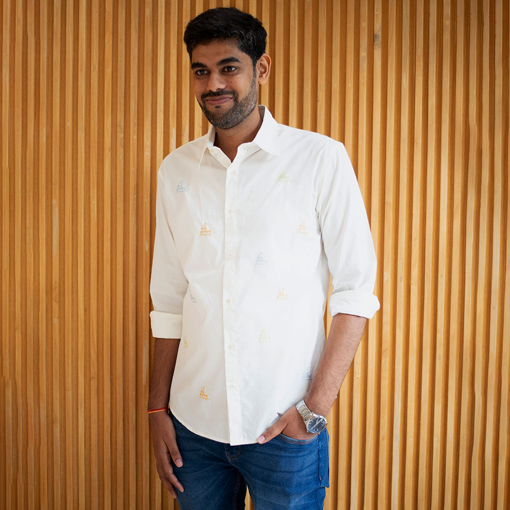 Mini Sail Boats Embroidered Men Shirt - White