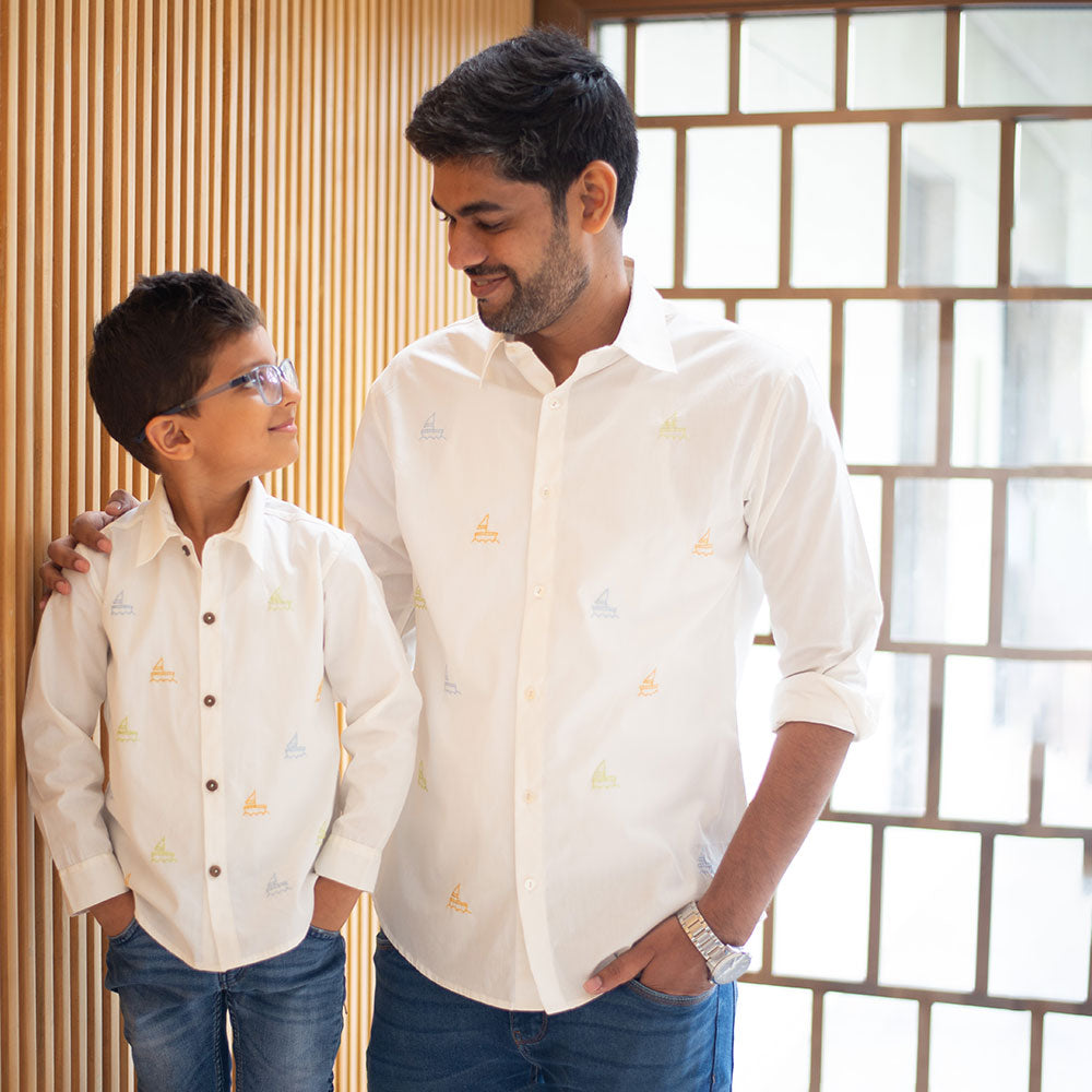 Mini Sail Boats Embroidered Men Shirt - White